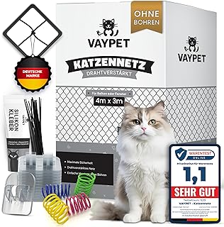 Katzennetz für Balkon ohne Bohren inkl. Klebehaken & Silikonkleber I Robustes Katzennetz drahtve…