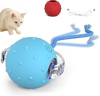 PetTec® Katzenball Elektrisch Blau mit Schnur [INTERAKTIVES KATZENSPIELZEUG] – Automatischer Spi…