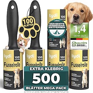 Tydi Fusselrolle Tierhaare – Extra Stark Klebende Fusselrolle Kleidung mit 2 Griffen – 500 Bl…