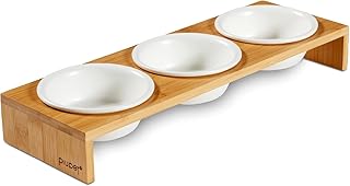 PIUPET 3er Katzennapf Set – Keramikfressnäpfe Katzen mit Napferhöhung aus Bambus – 250ml