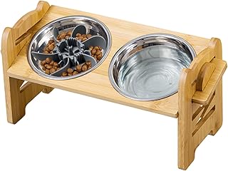 Hundenapf Höhenverstellbar Futternapf Erhöht Hundebars für Hunde mit Bambus Ständer für klei…