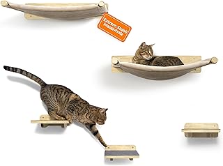 WOOWOOD® 2X Kletterwand Katzen – 3X Katzentreppe Wand- Kratzbaum Wand – Hängematte Katze – Wand…