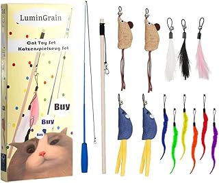 Katzenspielzeug Set 15-teilig – Katzenangel mit Feder- & Mäuseköpfen – Verstellbare Angel f…