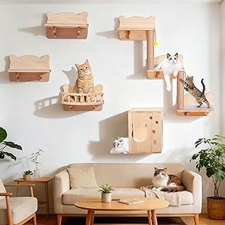 Kletterwand Katzen aus Holz, 5er Wandregal Katzen-Wandmöbel mit grauen Filzauflagen, Katzen Wand…