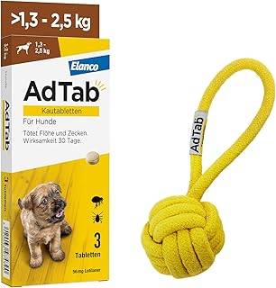AdTab Hund 1,3-2,5 kg, Floh- & Zeckenschutz Promo-Set mit Wurfball, 3 Kautabletten gegen Parasite…