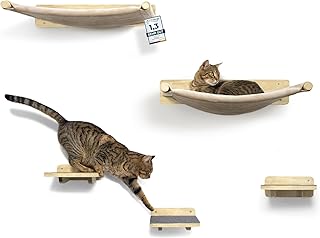 WOOWOOD® 2X Kletterwand Katzen – 3X Katzentreppe Wand- Kratzbaum Wand – Hängematte Katze – Wand…