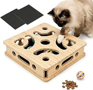 Kratzbrett Katze & Intelligenzspielzeug Katze, Braune Massivholz Krallenpflege Katze Box mit 3 Sc…