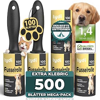Tydi Fusselrolle Tierhaare – Extra Stark Klebende Fusselrolle Kleidung mit 2 Griffen – 500 Bl…