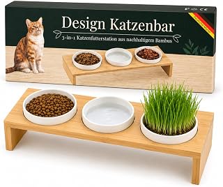 Glücksmoment Katzennapf Erhöht – Futterstation Katze aus Bambus mit 3 Schalen, Futternapf Kat…