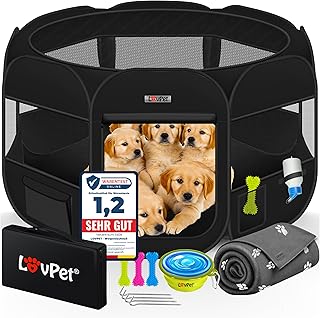 Welpenlaufstall Tierlaufstall Faltbar für Kleintiere Hunde, Katzen Inkl. Hundenapf und Fleece De…