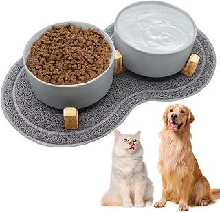 Hundenapf Keramik 850ml Doppel Futternapf Hund mit Bambus Ständer und Rutschfestem Matte, Hunden…