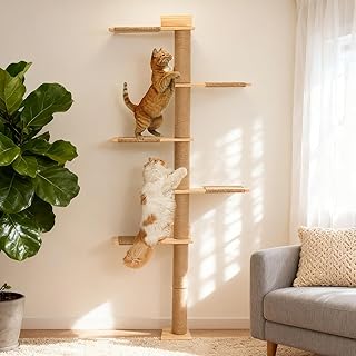 Kratzbaum Groß 205cm Kletterwand Katzen, höhenverstellbar, 5 Etagen Katzenturm mit Sisalauflage…