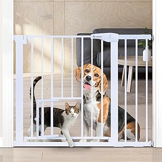COMOMY Türschutzgitter mit Katzenklappe, 75-103cm Treppenschutzgitter ohne Bohren für Hunde und…