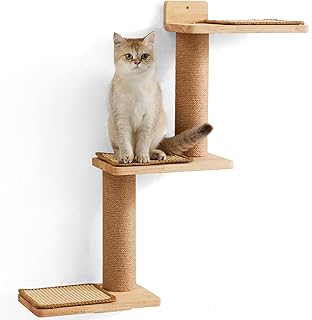 FUKUMARU Kletterwand Katzen, Wandregale aus Massives Gummiholz und Jute, 3 in 1 Transformable Kat…